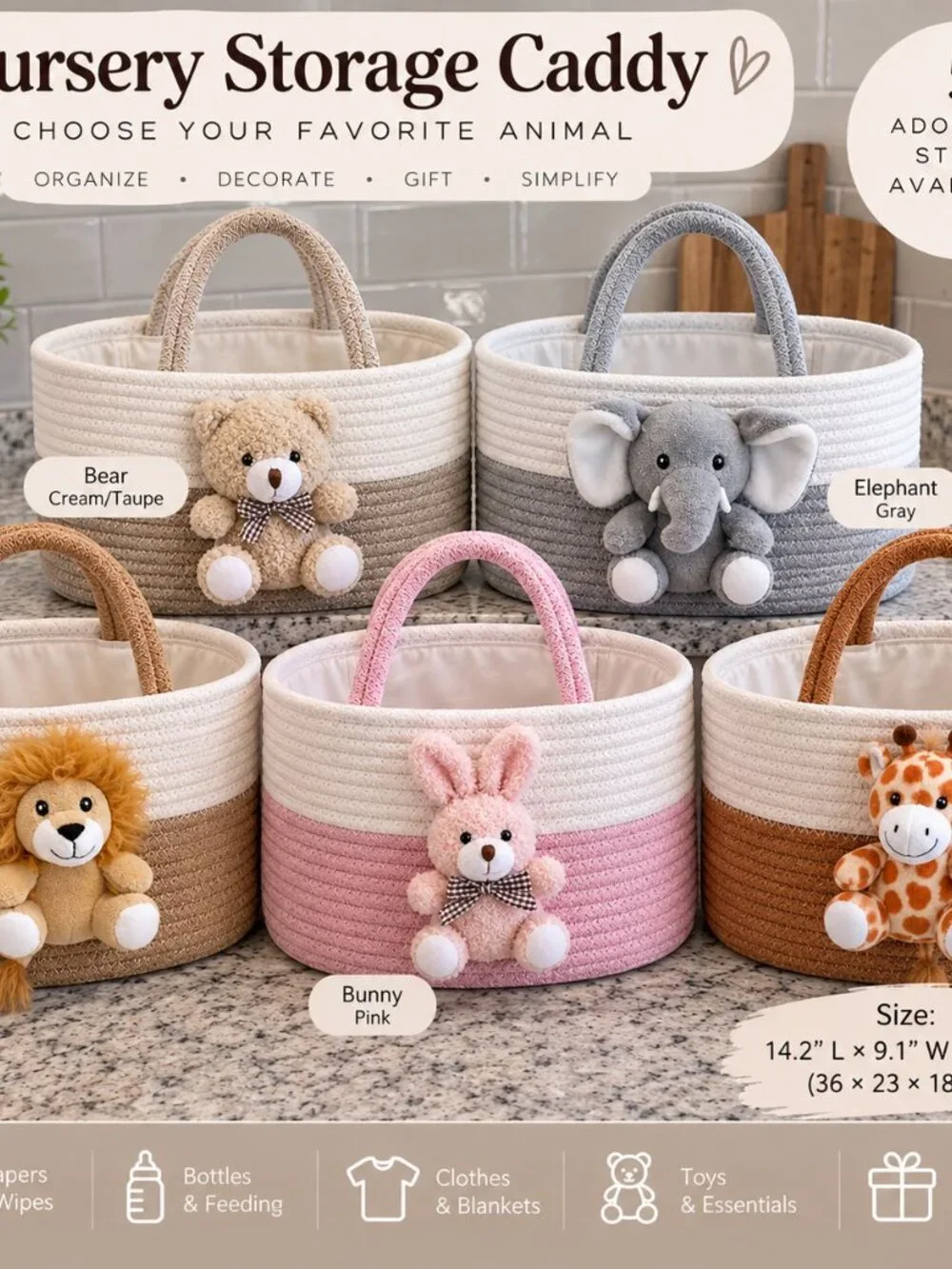 Cotton Rope Nursery Storage Caddy Plush Animal Organizer – NEW